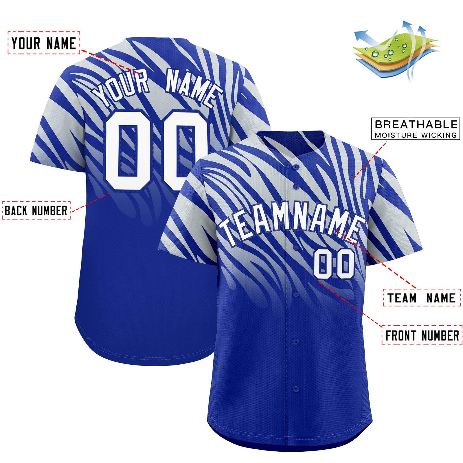 Custom Royal Silver Tiger Stripe Gradient Animal Print Personalized Team Shirt Baseball Jersey