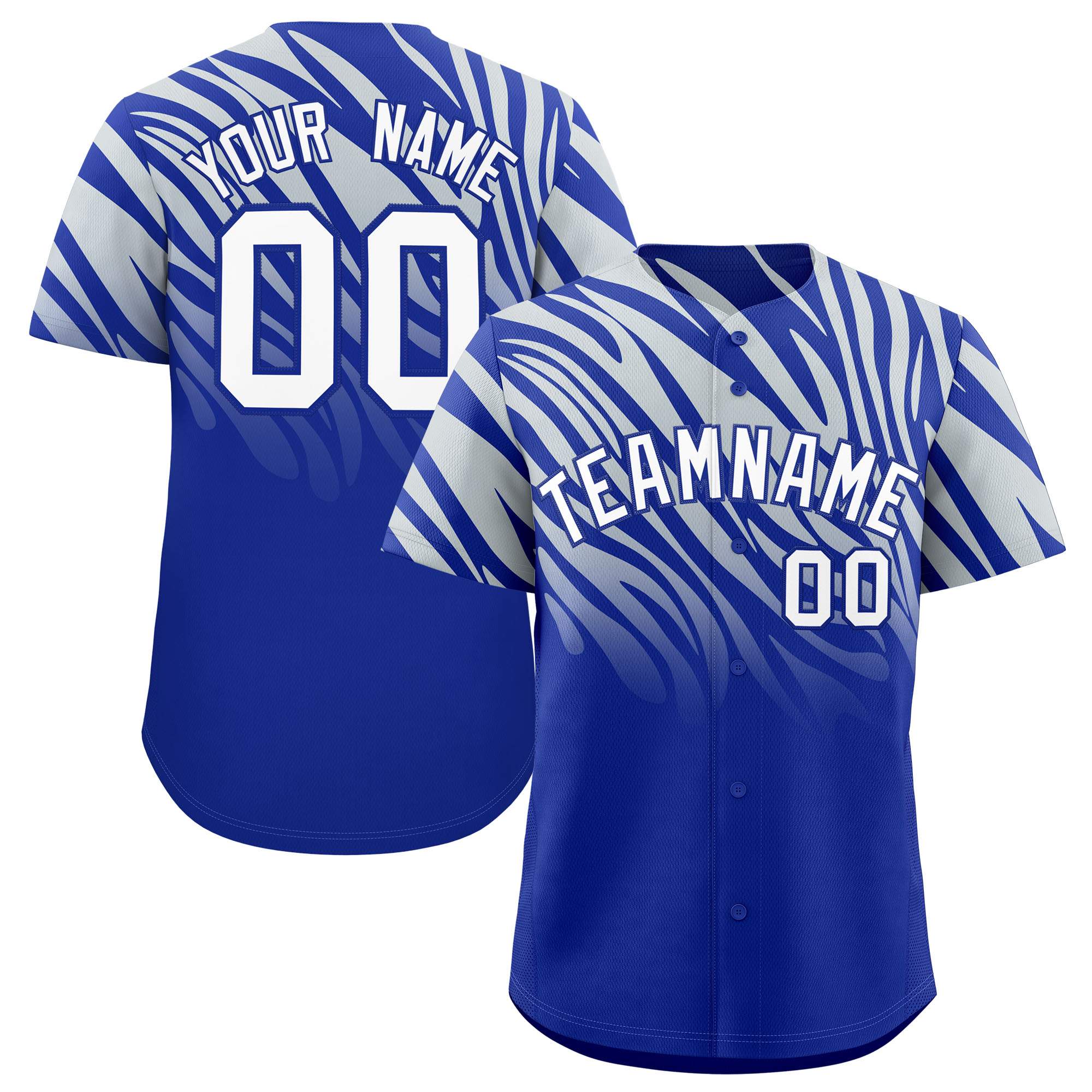 Custom Royal Silver Tiger Stripe Gradient Animal Print Personalized Team Shirt Baseball Jersey