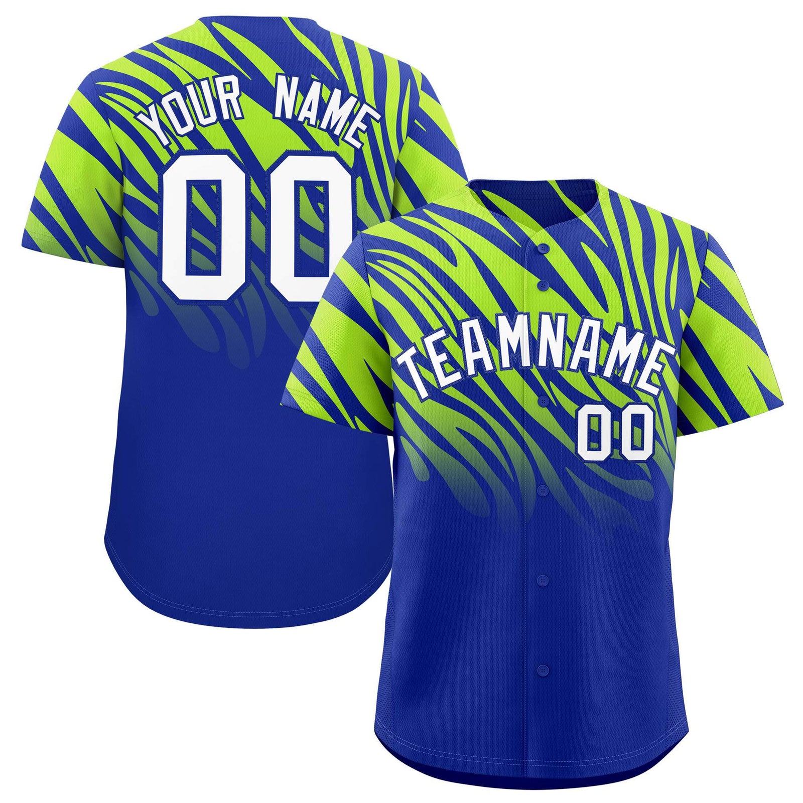 Custom Royal Neon Green Tiger Stripe Gradient Animal Print Personalized Team Shirt Baseball Jersey