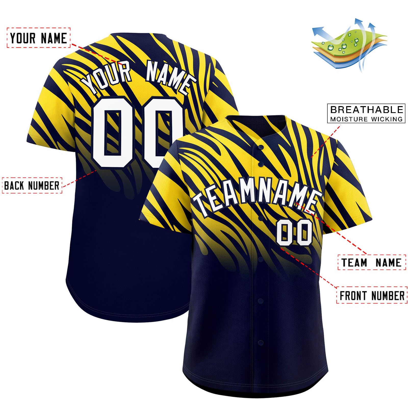 Custom Navy Gold Tiger Stripe Gradient Animal Print Personalized Team Shirt Baseball Jersey