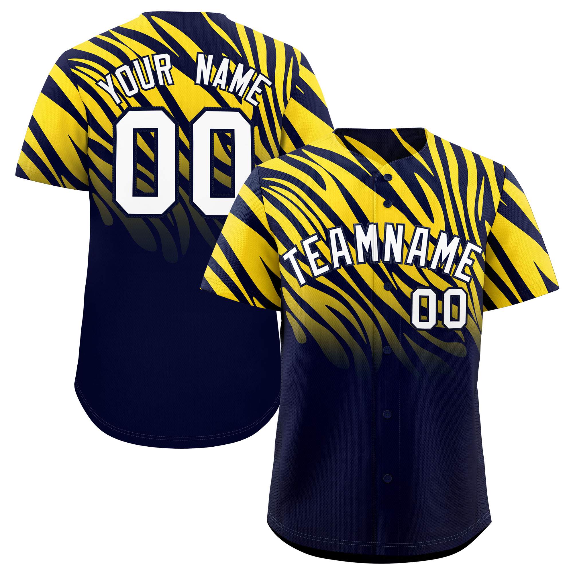 Custom Navy Gold Tiger Stripe Gradient Animal Print Personalized Team Shirt Baseball Jersey