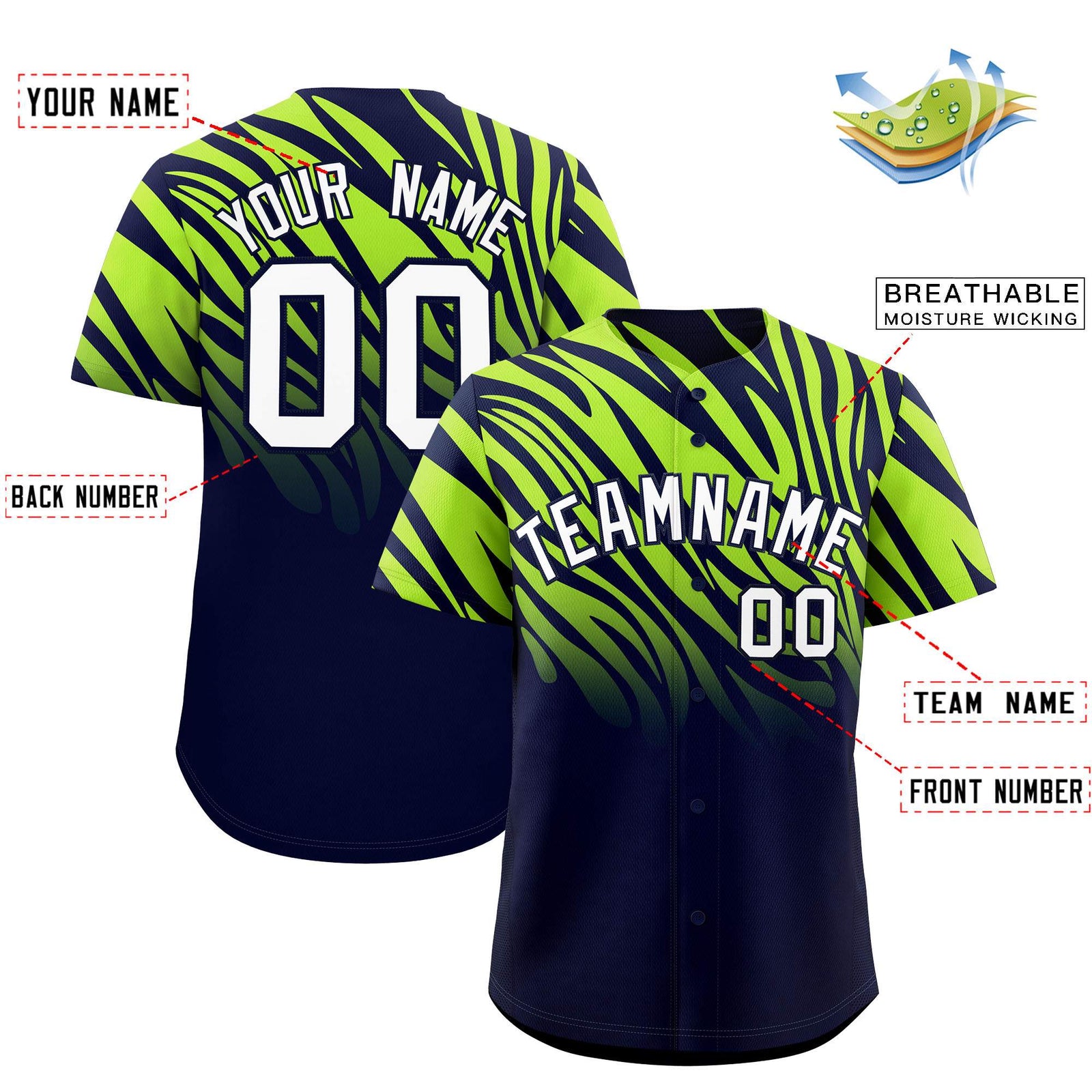 Custom Navy Neon Green Tiger Stripe Gradient Animal Print Personalized Team Shirt Baseball Jersey