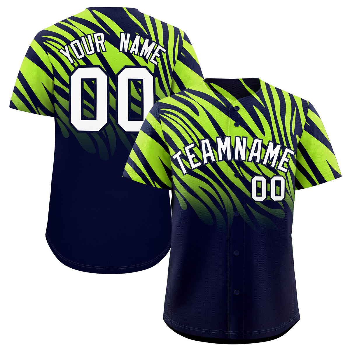 Custom Navy Neon Green Tiger Stripe Gradient Animal Print Personalized Team Shirt Baseball Jersey