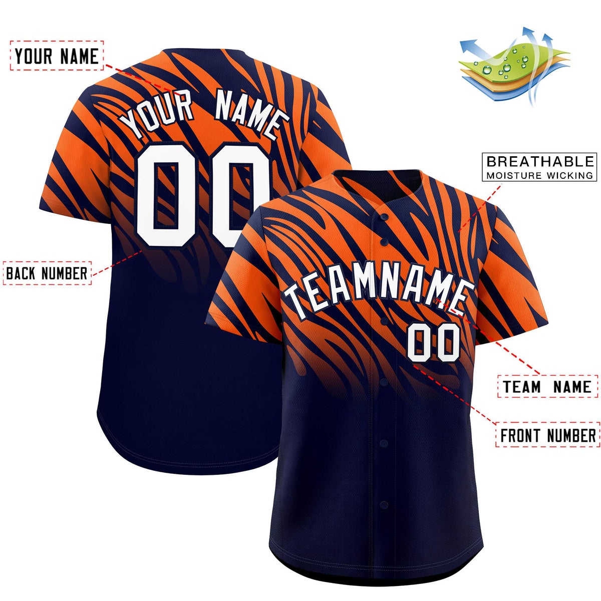 Custom Navy Orange Tiger Stripe Gradient Animal Print Personalized Team Shirt Baseball Jersey