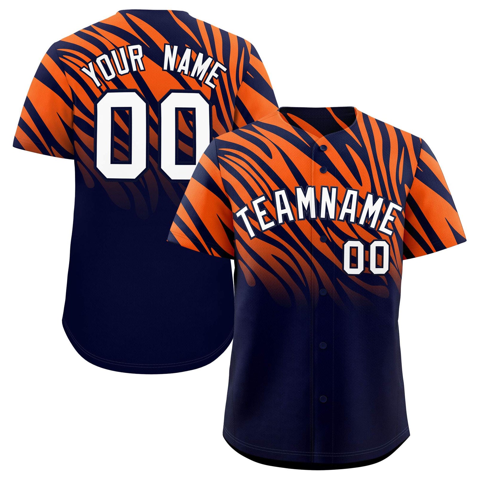 Custom Navy Orange Tiger Stripe Gradient Animal Print Personalized Team Shirt Baseball Jersey