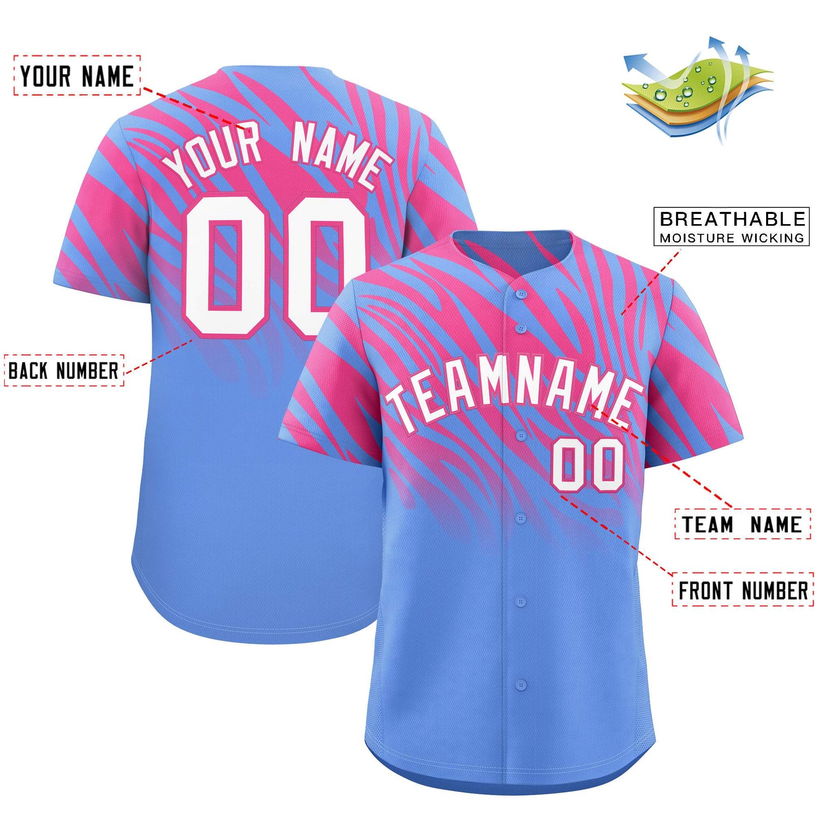Custom Pink Light Blue Tiger Stripe Gradient Animal Print Personalized Team Shirt Baseball Jersey