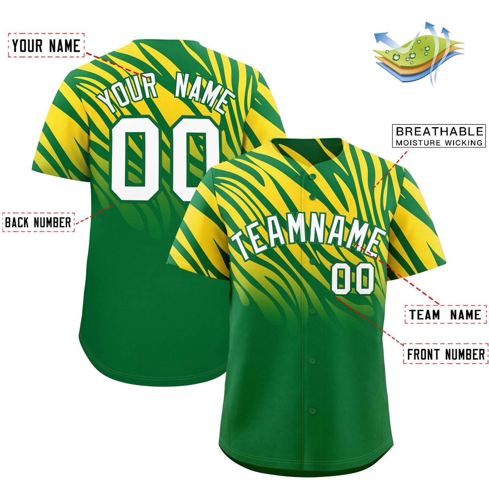 Custom Gold Kelly Green Tiger Stripe Gradient Animal Print Personalized Team Shirt Baseball Jersey