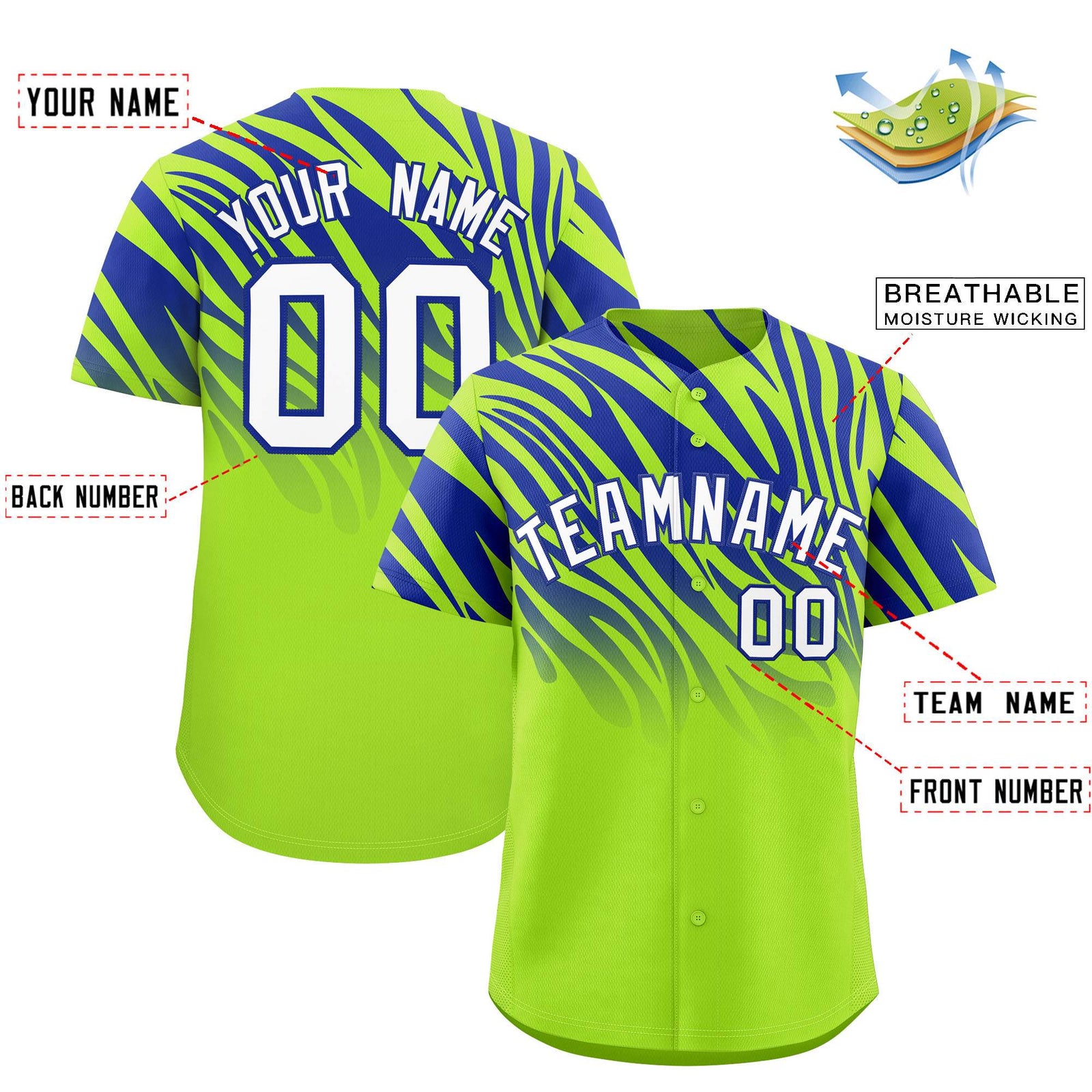 Custom Neon Green Royal Tiger Stripe Gradient Animal Print Personalized Team Shirt Baseball Jersey
