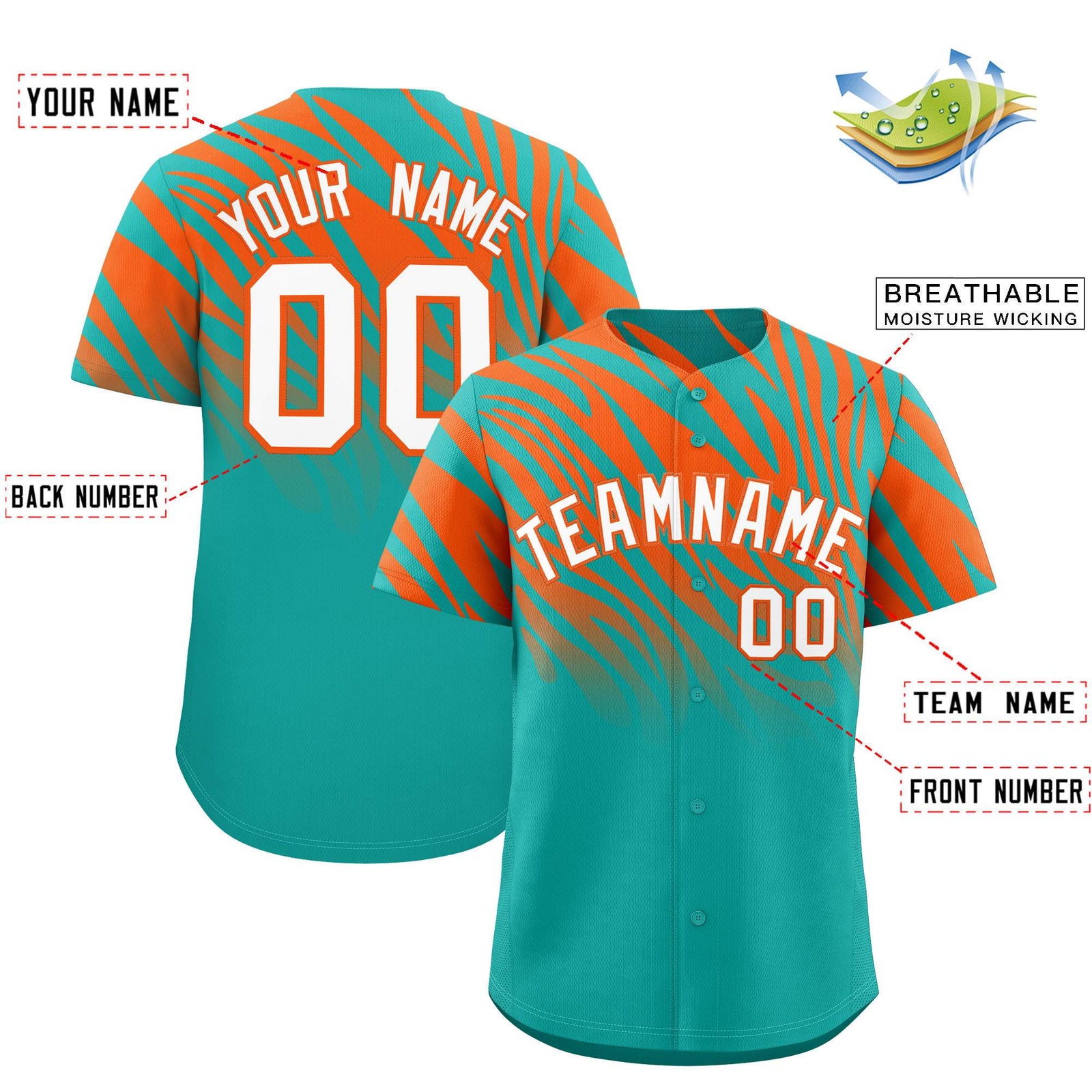 Custom Aqua Orange Tiger Stripe Gradient Animal Print Personalized Team Shirt Baseball Jersey