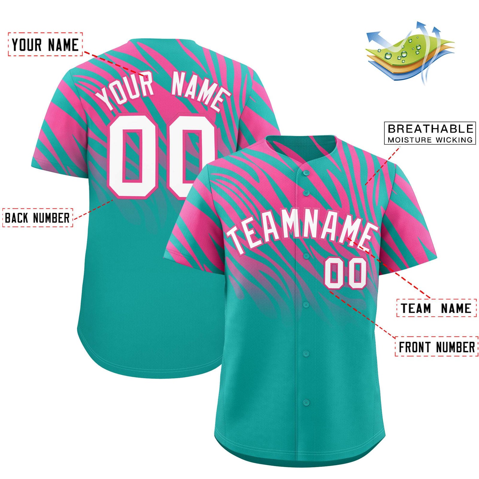 Custom Aqua Pink Tiger Stripe Gradient Animal Print Personalized Team Shirt Baseball Jersey