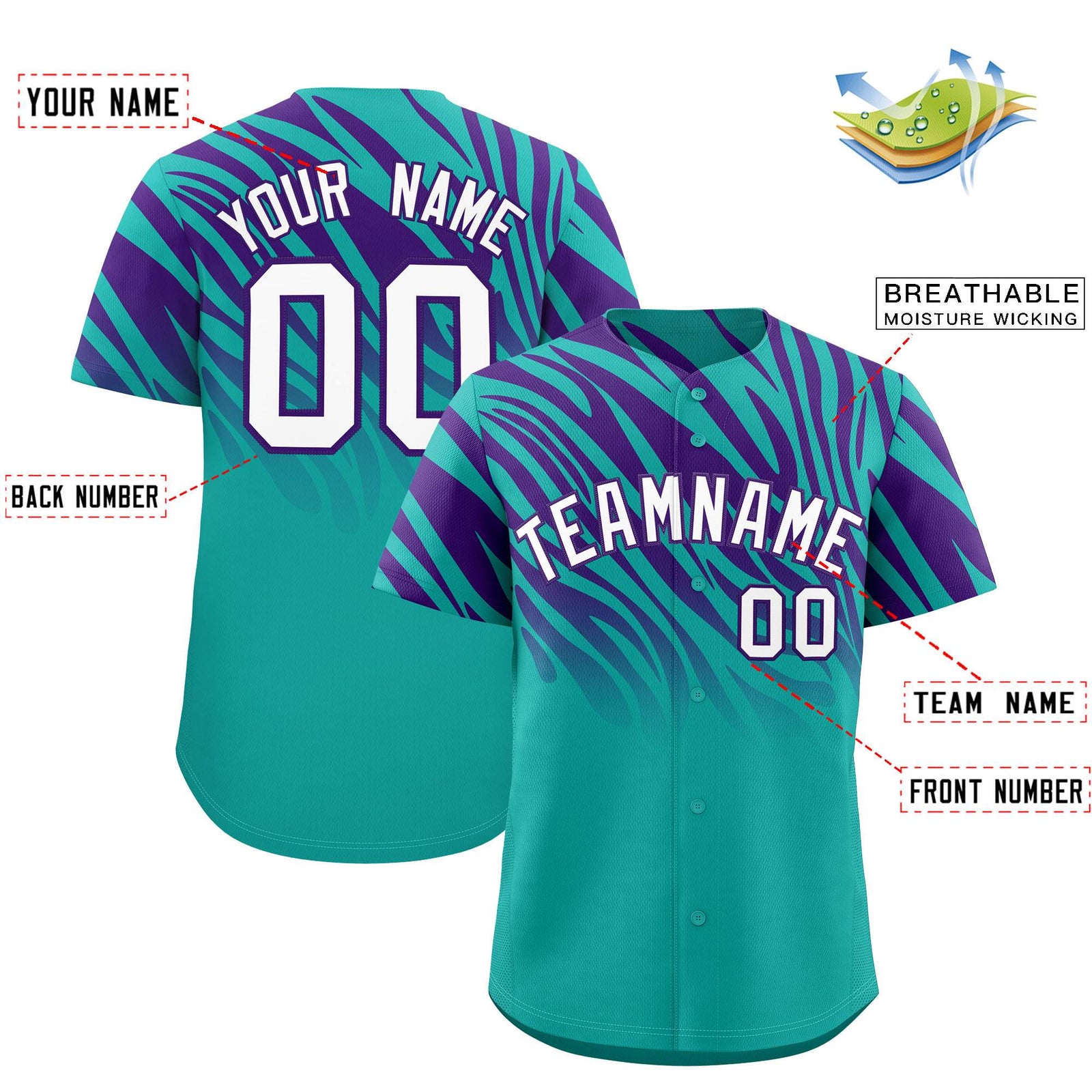 Custom Aqua Purple Tiger Stripe Gradient Animal Print Personalized Team Shirt Baseball Jersey