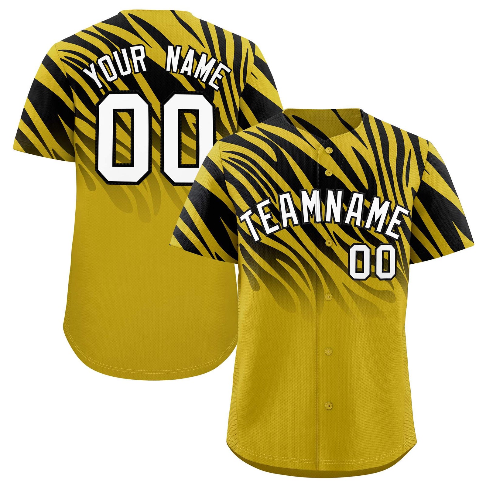 Custom Black Old Gold Tiger Stripe Gradient Animal Print Personalized Team Shirt Baseball Jersey