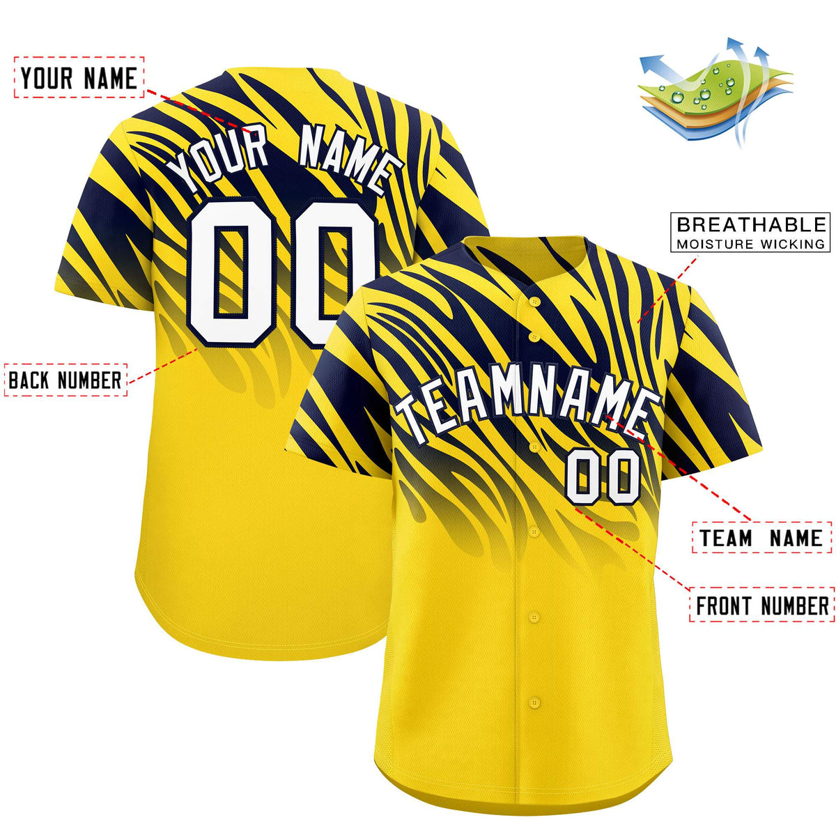 Custom Gold Navy Tiger Stripe Gradient Animal Print Personalized Team Shirt Baseball Jersey