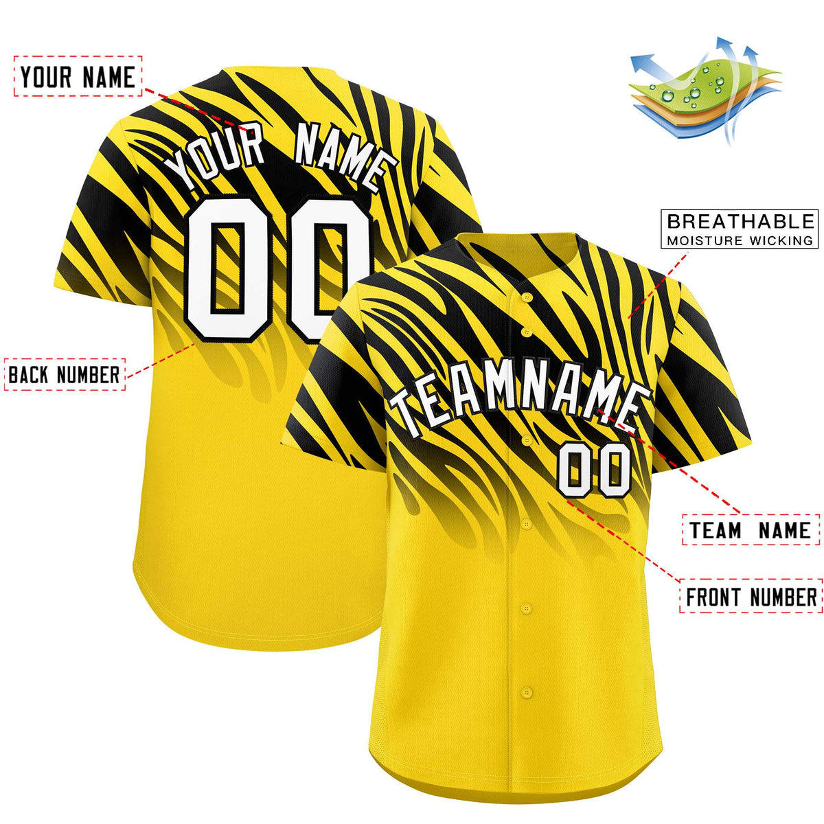 Custom Gold Black Tiger Stripe Gradient Animal Print Personalized Team Shirt Baseball Jersey
