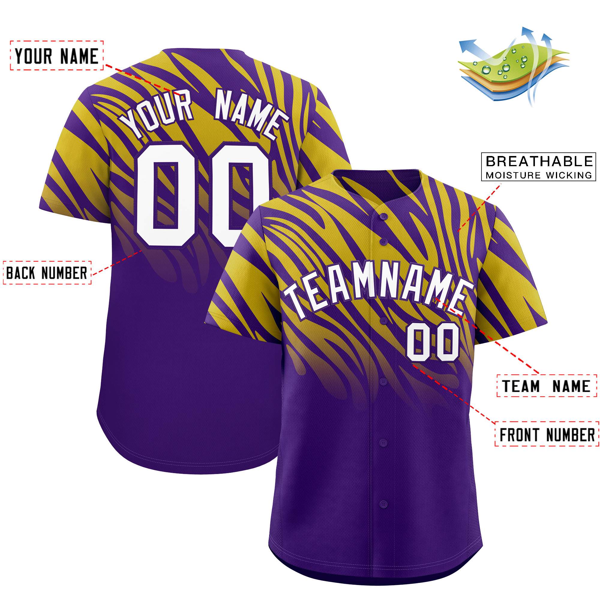 Custom Purple Old Gold Tiger Stripe Gradient Animal Print Personalized Team Shirt Baseball Jersey