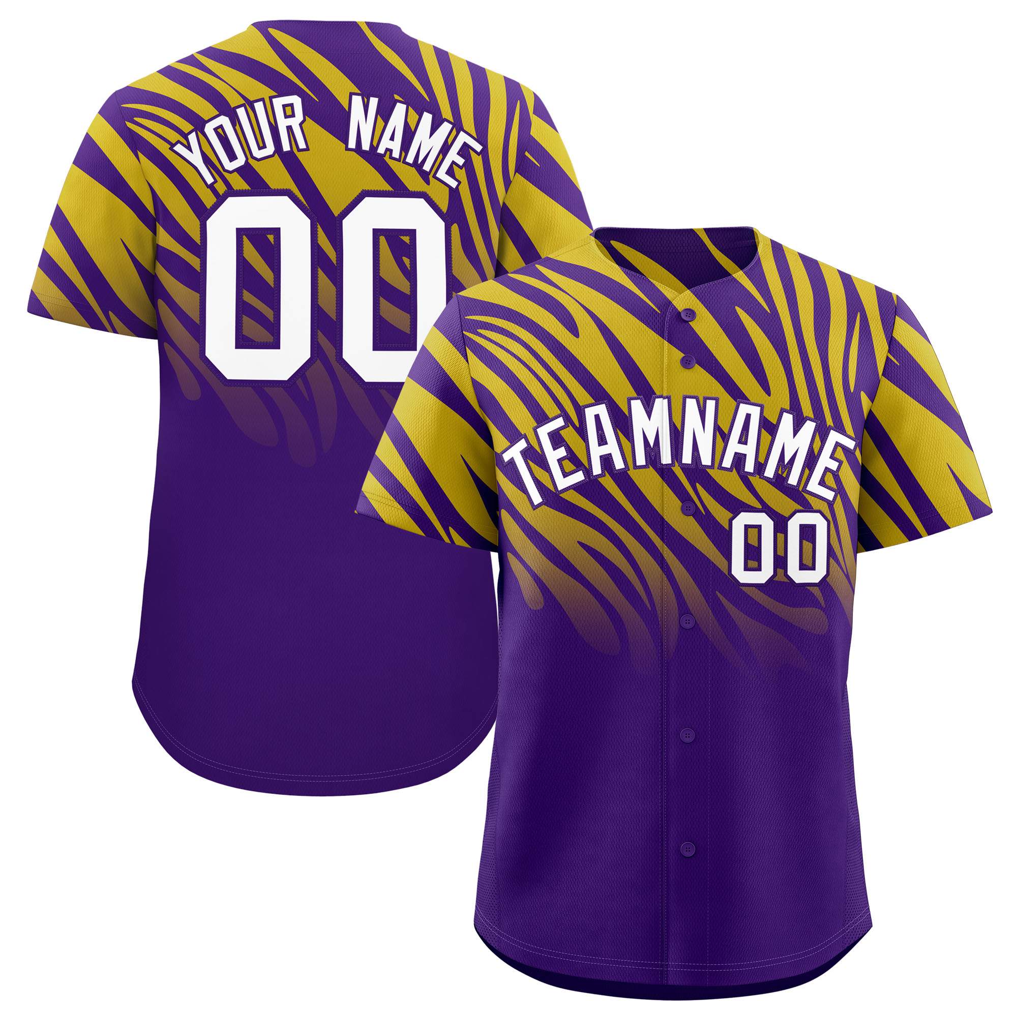 Custom Purple Old Gold Tiger Stripe Gradient Animal Print Personalized Team Shirt Baseball Jersey