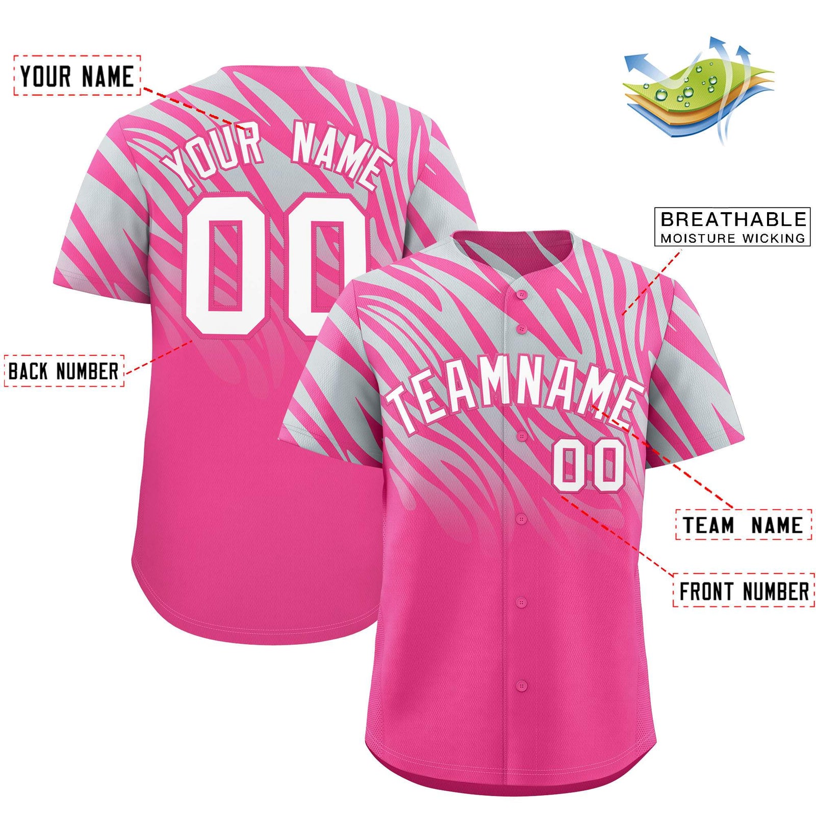 Custom Pink Silver Tiger Stripe Gradient Animal Print Personalized Team Shirt Baseball Jersey