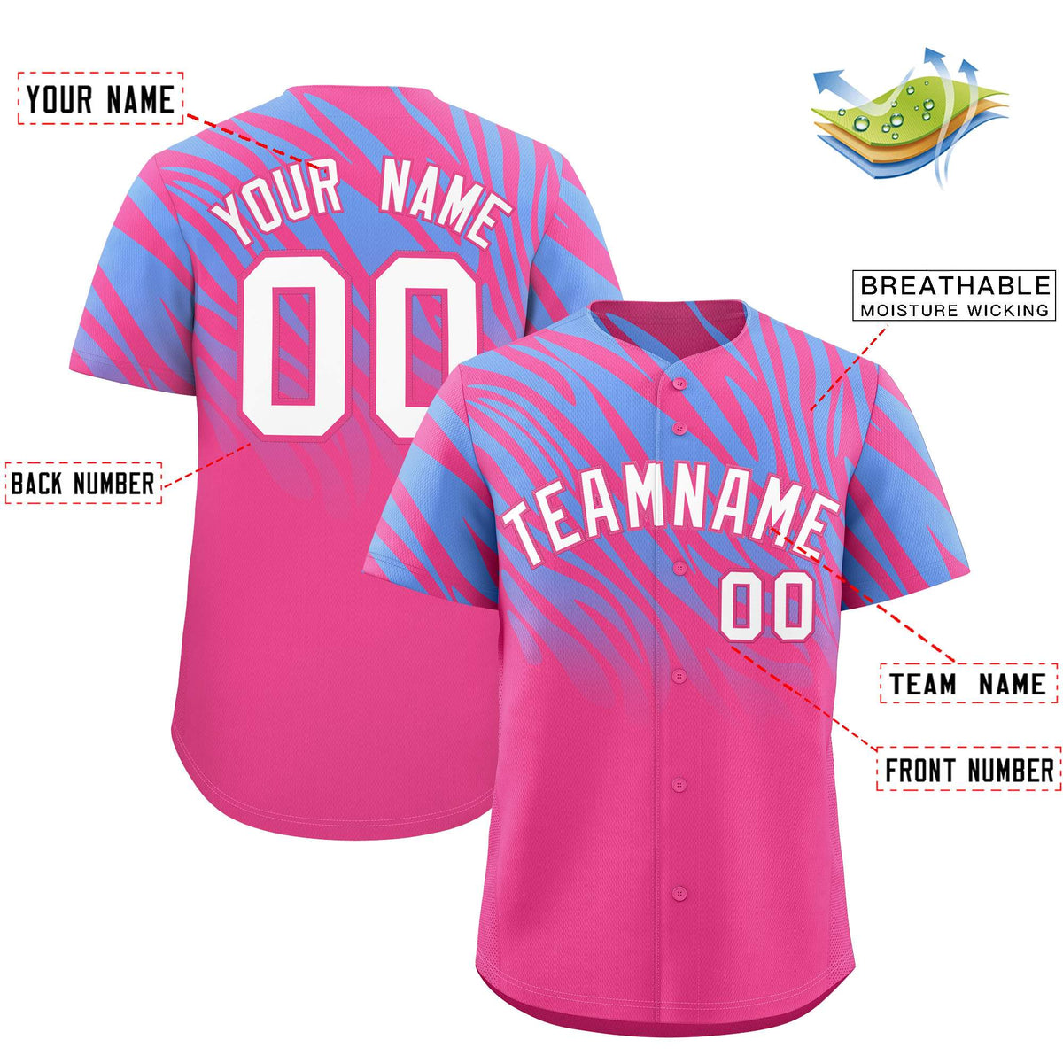 Custom Pink Light Blue Tiger Stripe Gradient Animal Print Personalized Team Shirt Baseball Jersey