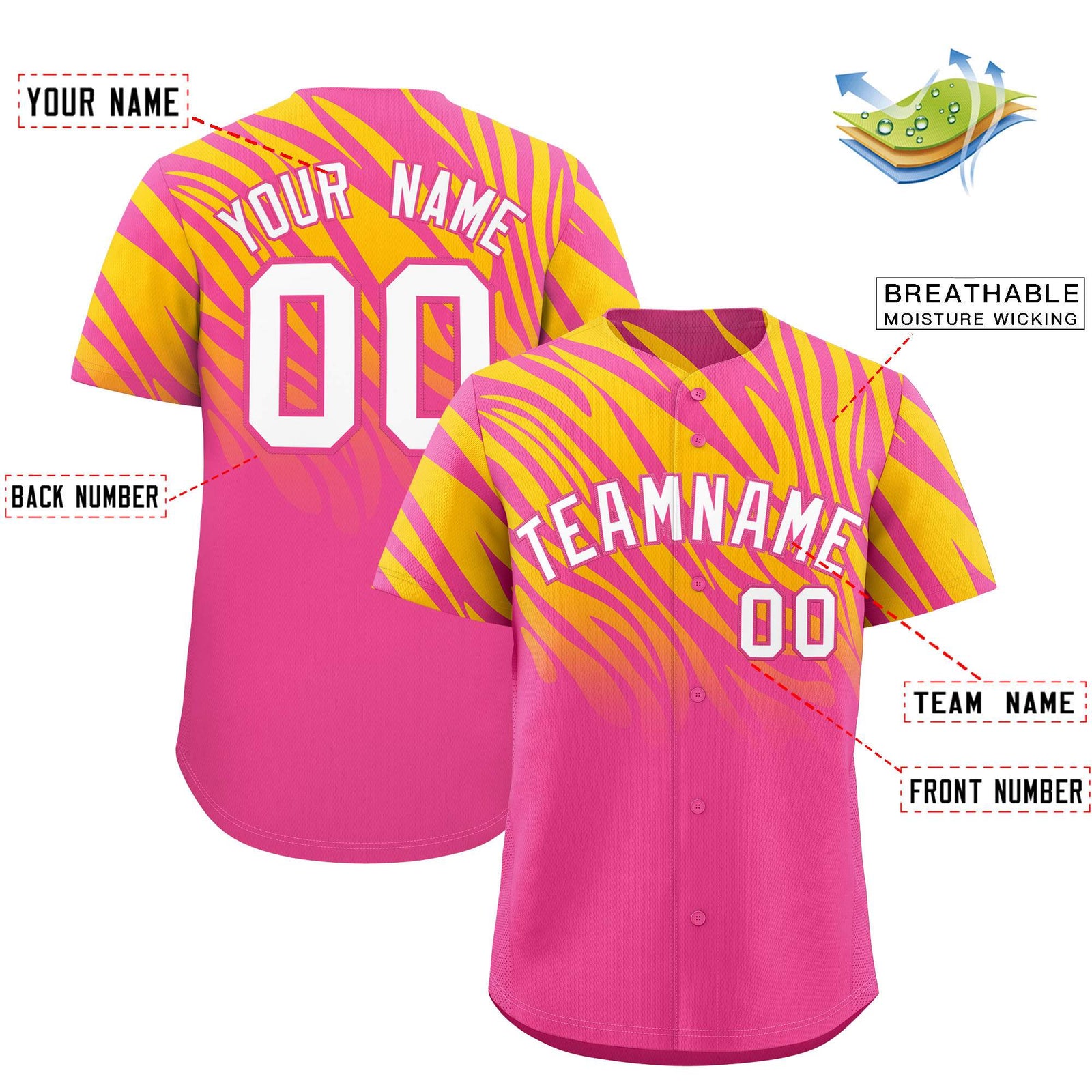 Custom Pink Gold Tiger Stripe Gradient Animal Print Personalized Team Shirt Baseball Jersey