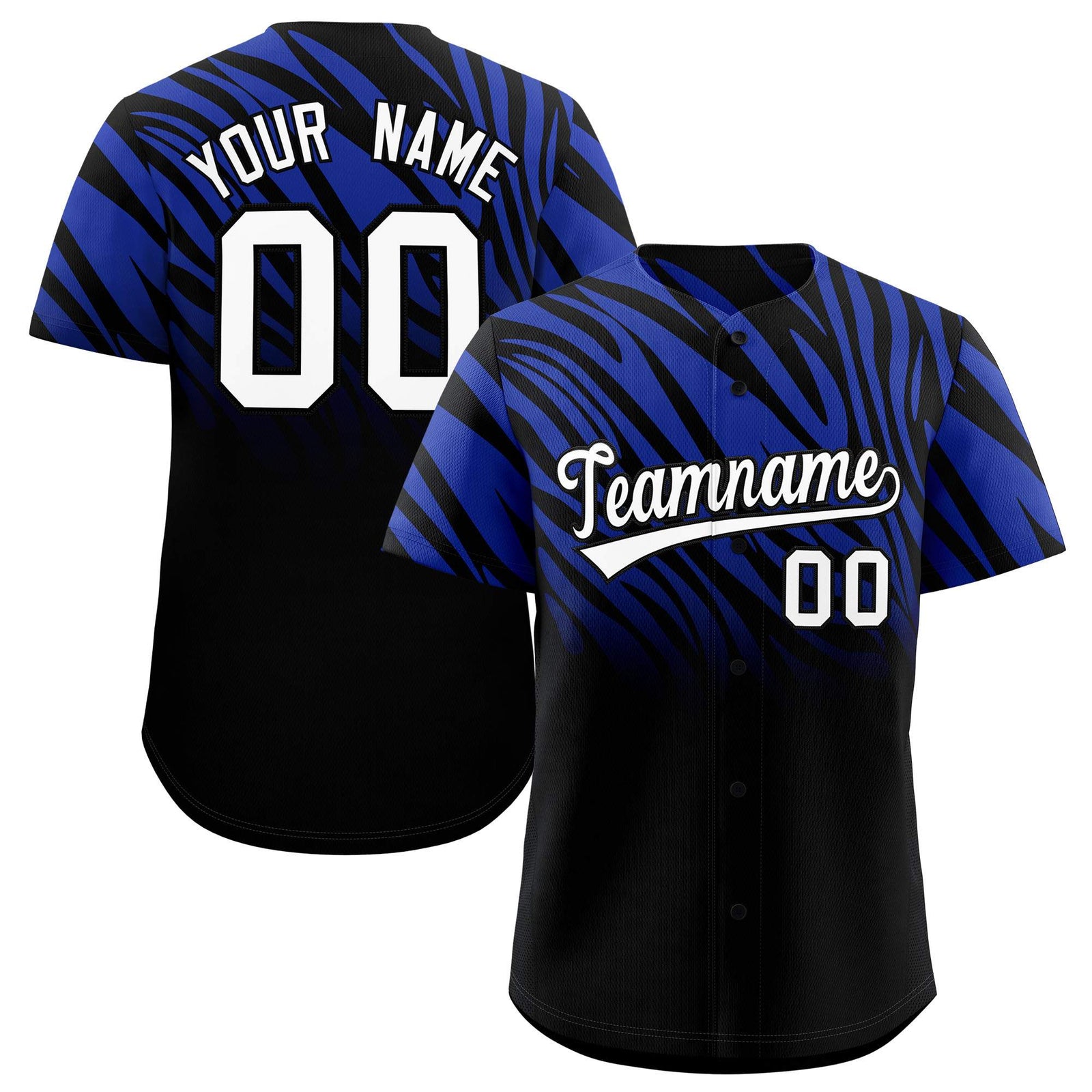 Custom Royal Black Tiger Stripe Gradient Animal Print Personalized Team Shirt Baseball Jersey