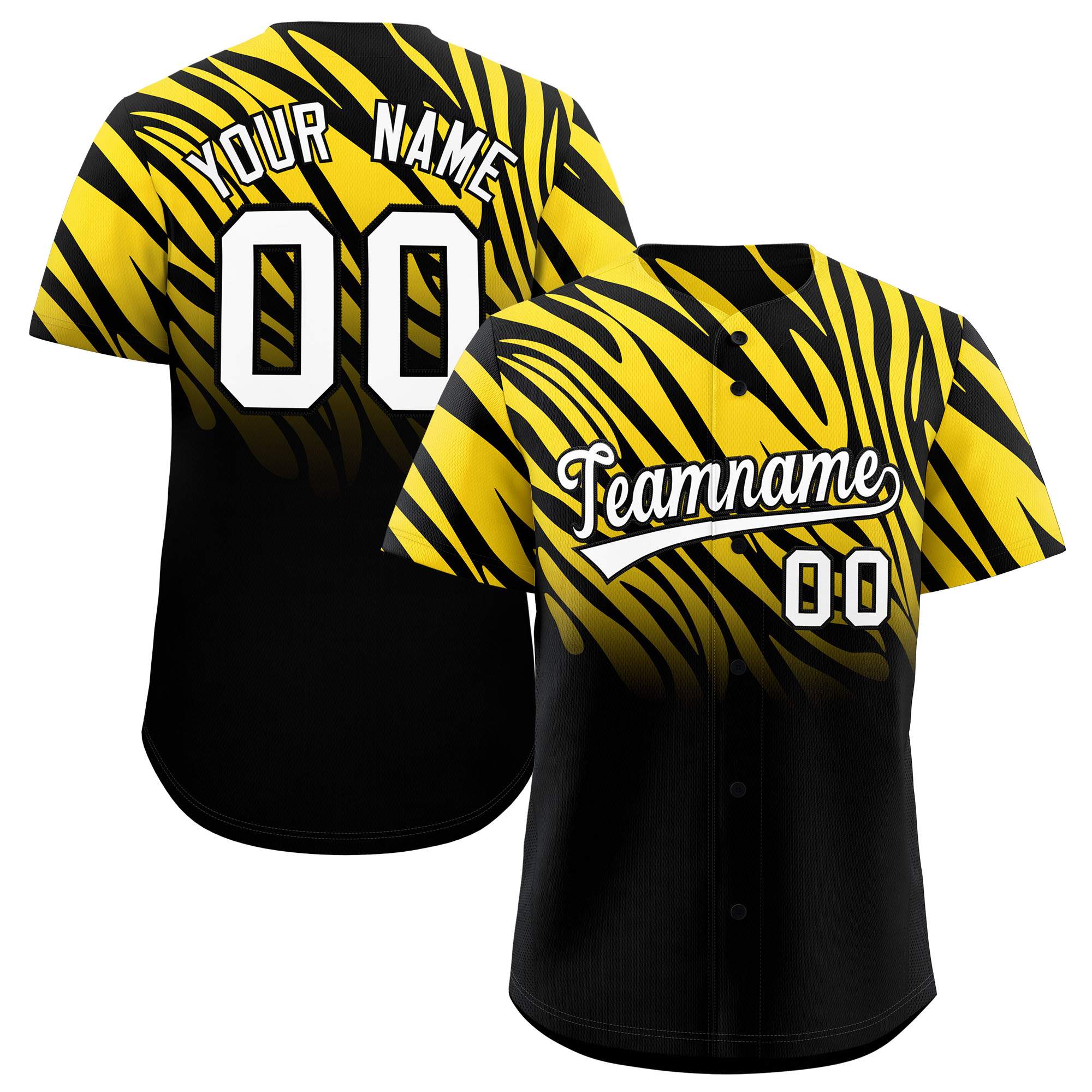 Custom Gold Black Tiger Stripe Gradient Animal Print Personalized Team Shirt Baseball Jersey