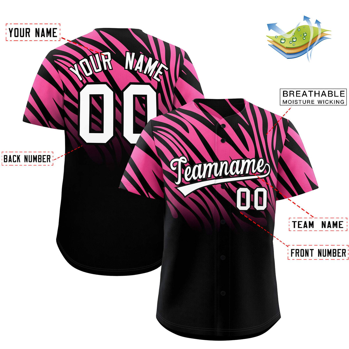 Custom Pink Black Tiger Stripe Gradient Animal Print Personalized Team Shirt Baseball Jersey
