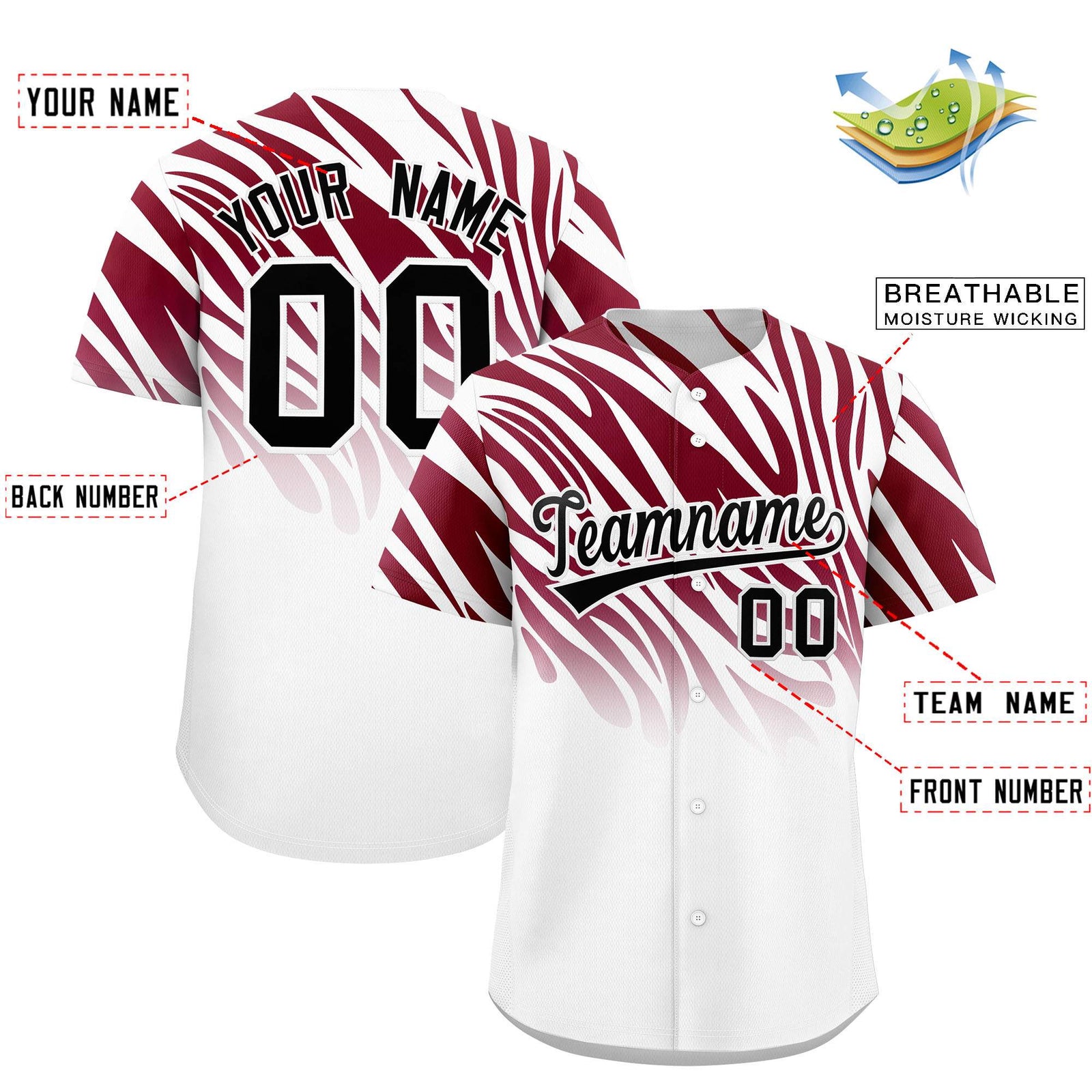 Custom Crimson White Tiger Stripe Gradient Animal Print Personalized Team Shirt Baseball Jersey