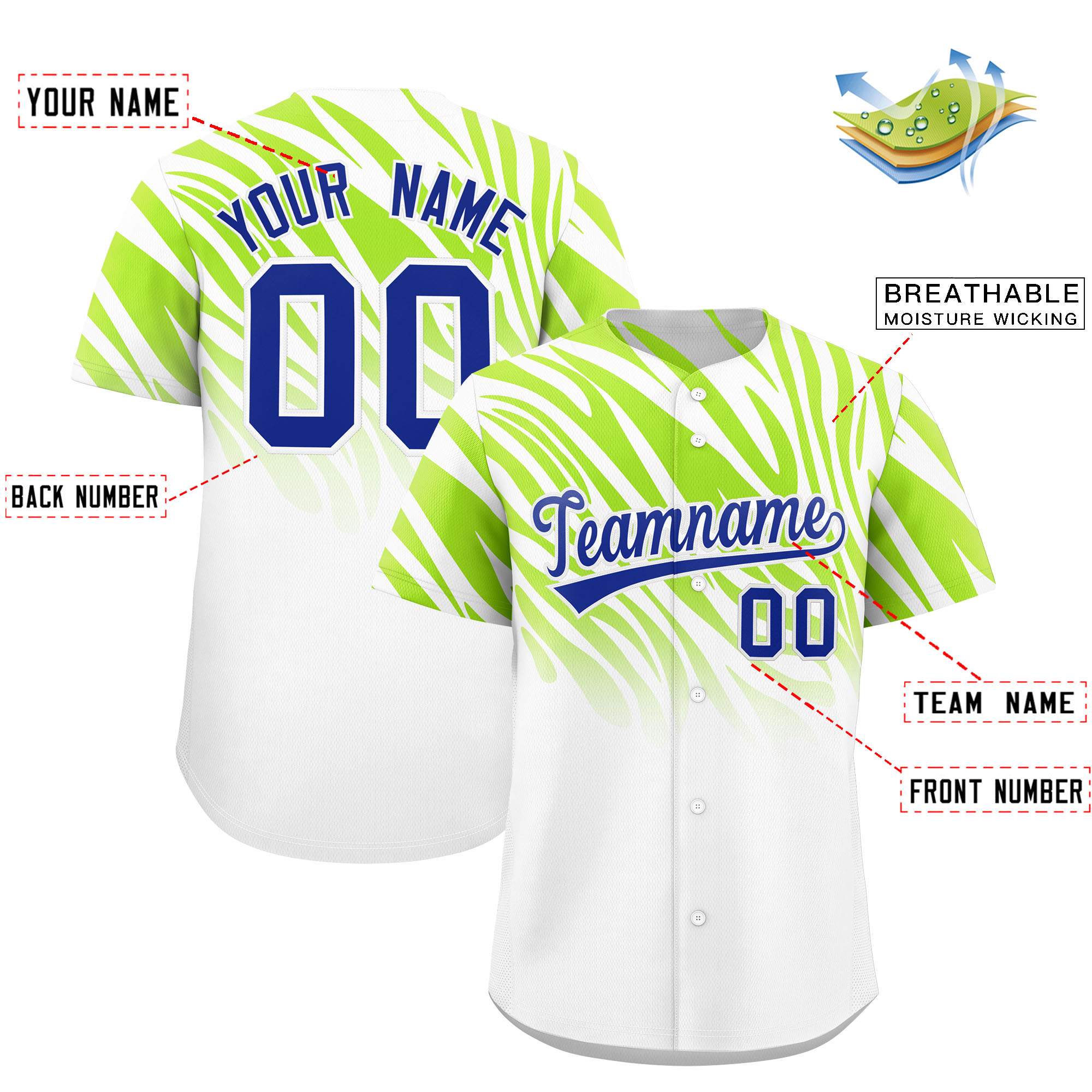 Custom Neon Green White Tiger Stripe Gradient Animal Print Personalized Team Shirt Baseball Jersey