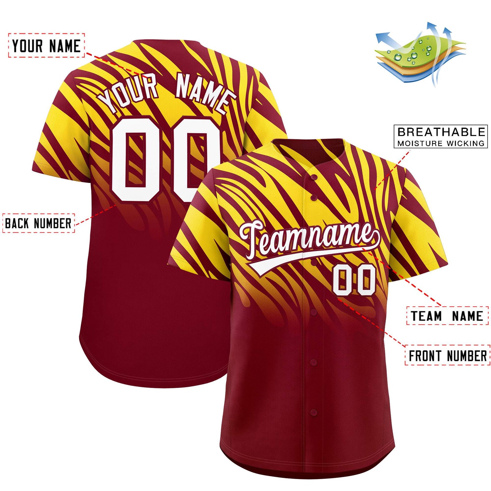Custom Crimson Gold Tiger Stripe Gradient Animal Print Personalized Team Shirt Baseball Jersey