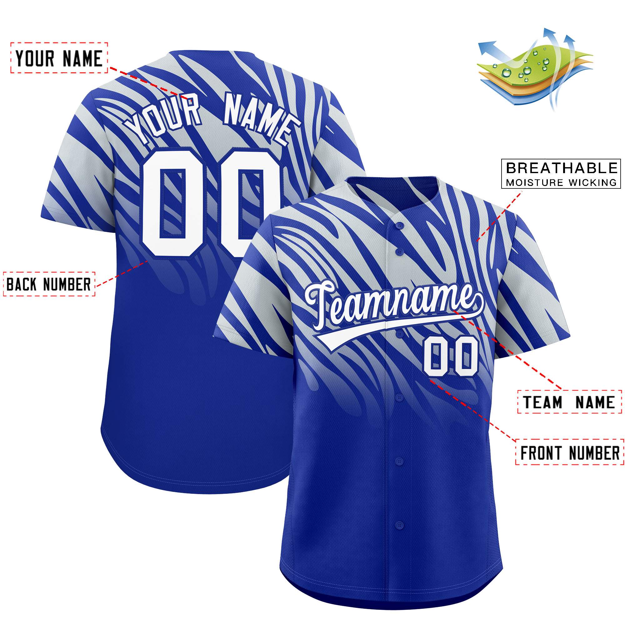 Custom Royal Silver Tiger Stripe Gradient Animal Print Personalized Team Shirt Baseball Jersey
