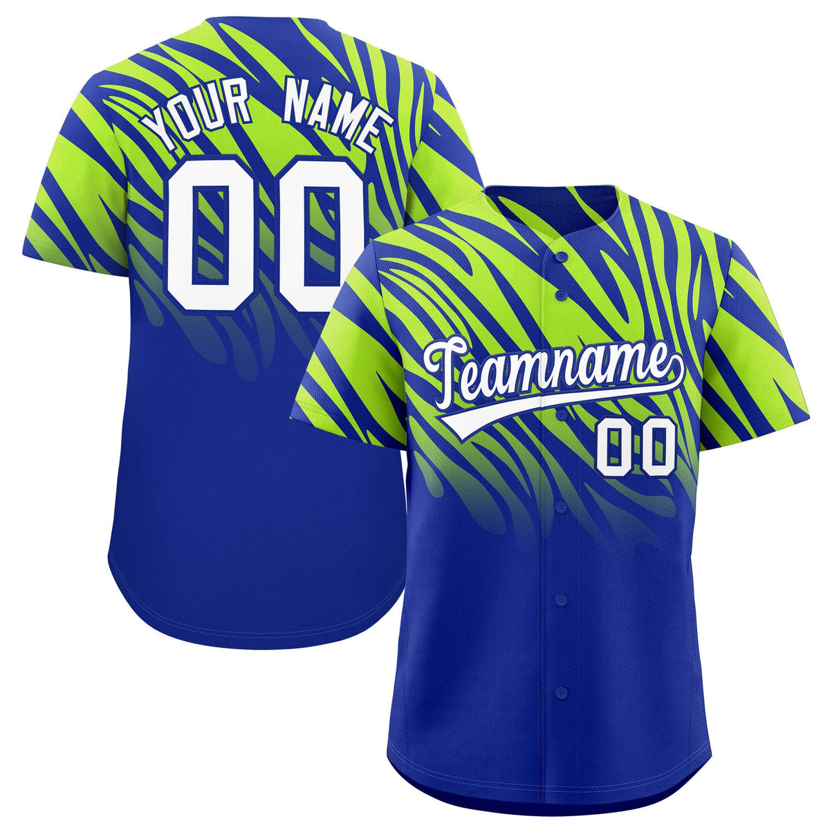 Custom Royal Neon Green Tiger Stripe Gradient Animal Print Personalized Team Shirt Baseball Jersey