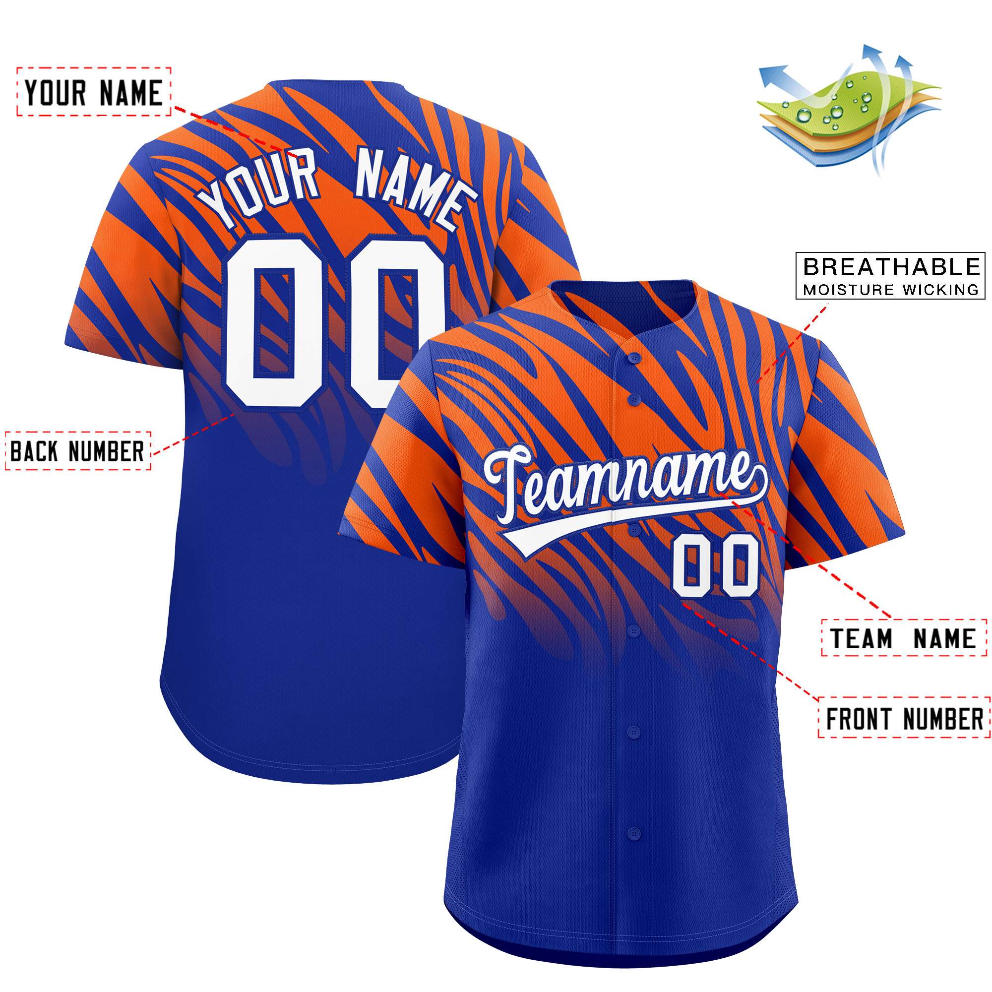 Custom Royal Orange Tiger Stripe Gradient Animal Print Personalized Team Shirt Baseball Jersey