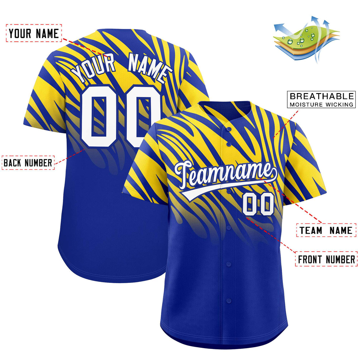 Custom Royal Gold Tiger Stripe Gradient Animal Print Personalized Team Shirt Baseball Jersey