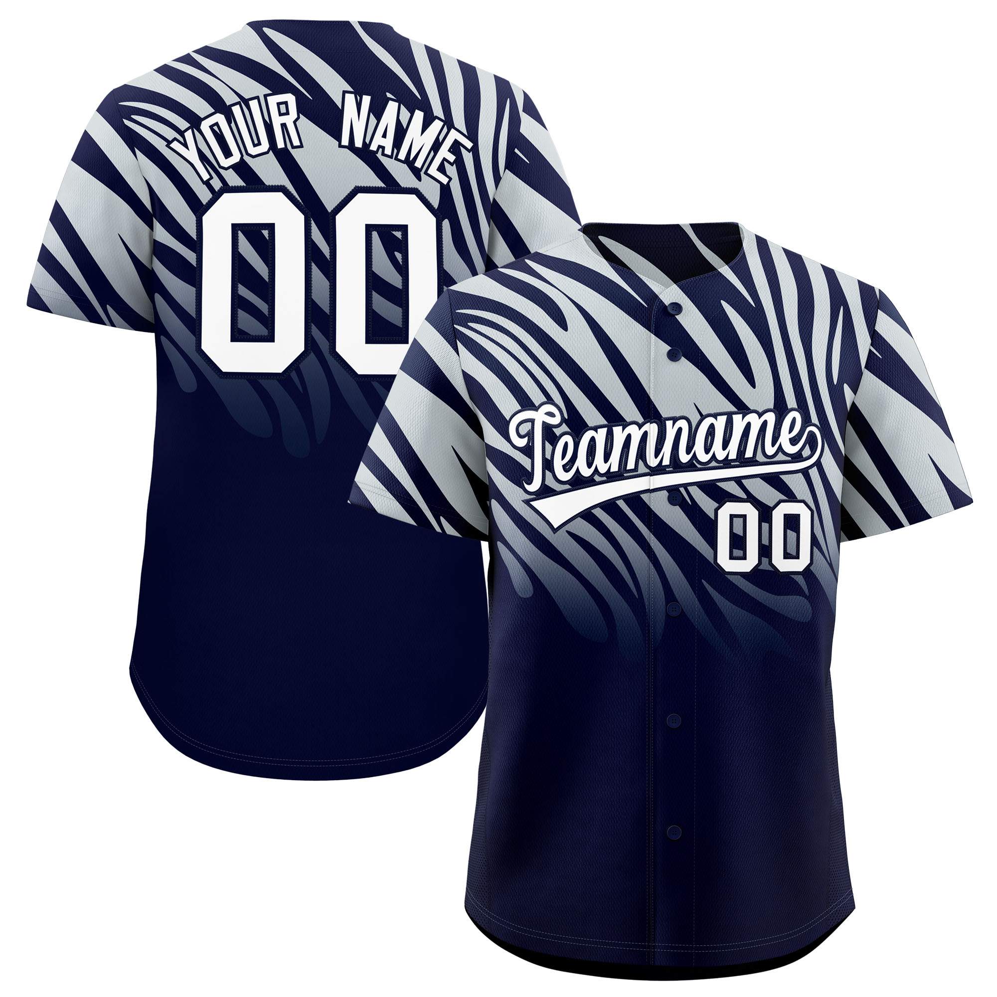 Custom Navy Silver Tiger Stripe Gradient Animal Print Personalized Team Shirt Baseball Jersey