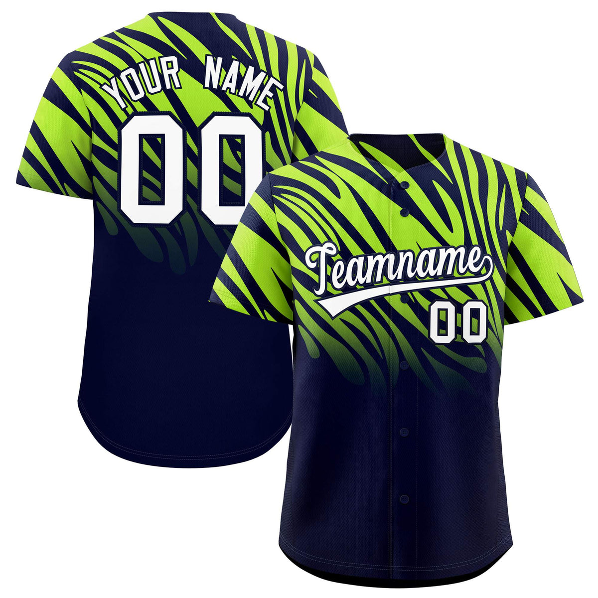 Custom Navy Neon Green Tiger Stripe Gradient Animal Print Personalized Team Shirt Baseball Jersey