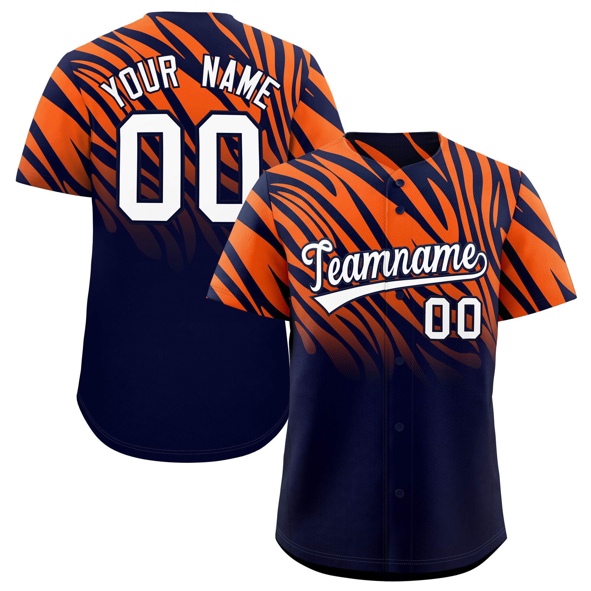 Custom Navy Orange Tiger Stripe Gradient Animal Print Personalized Team Shirt Baseball Jersey