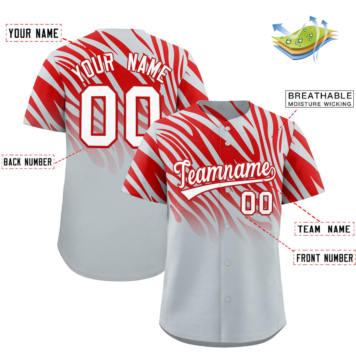 Custom Red Silver Tiger Stripe Gradient Animal Print Personalized Team Shirt Baseball Jersey