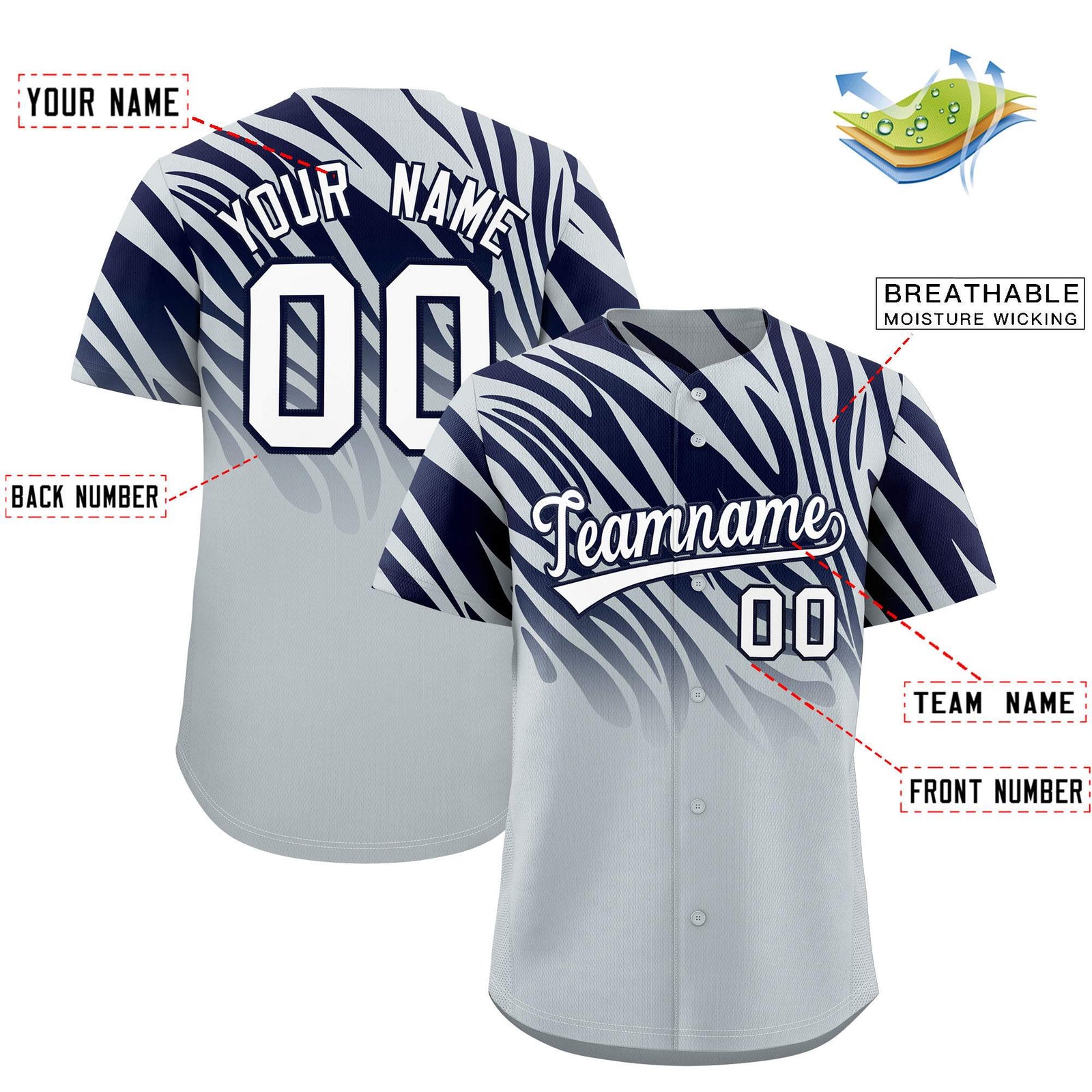 Custom Navy Silver Tiger Stripe Gradient Animal Print Personalized Team Shirt Baseball Jersey