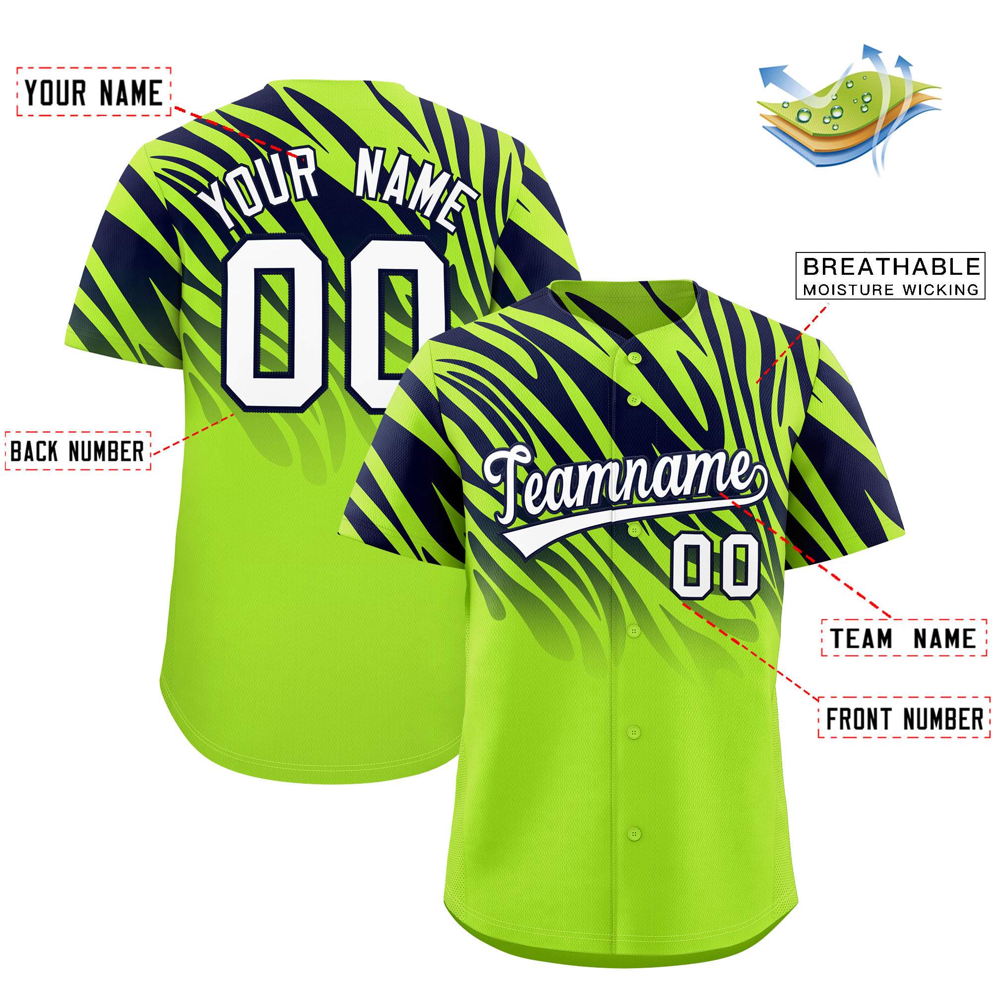 Custom Neon Green Navy Tiger Stripe Gradient Animal Print Personalized Team Shirt Baseball Jersey