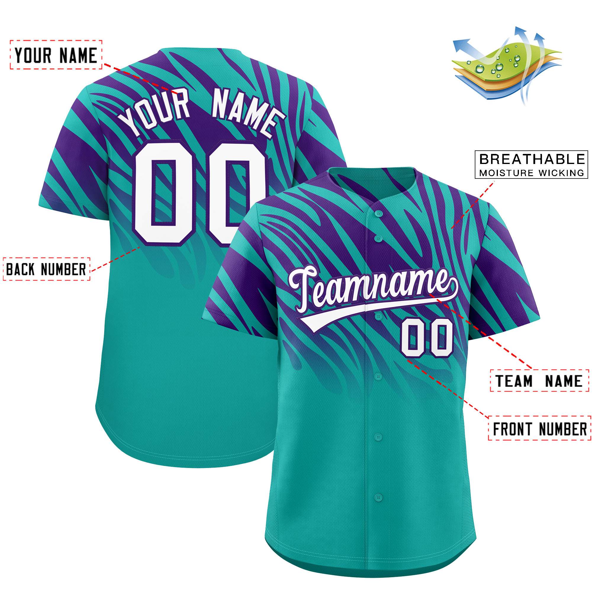 Custom Aqua Purple Tiger Stripe Gradient Animal Print Personalized Team Shirt Baseball Jersey