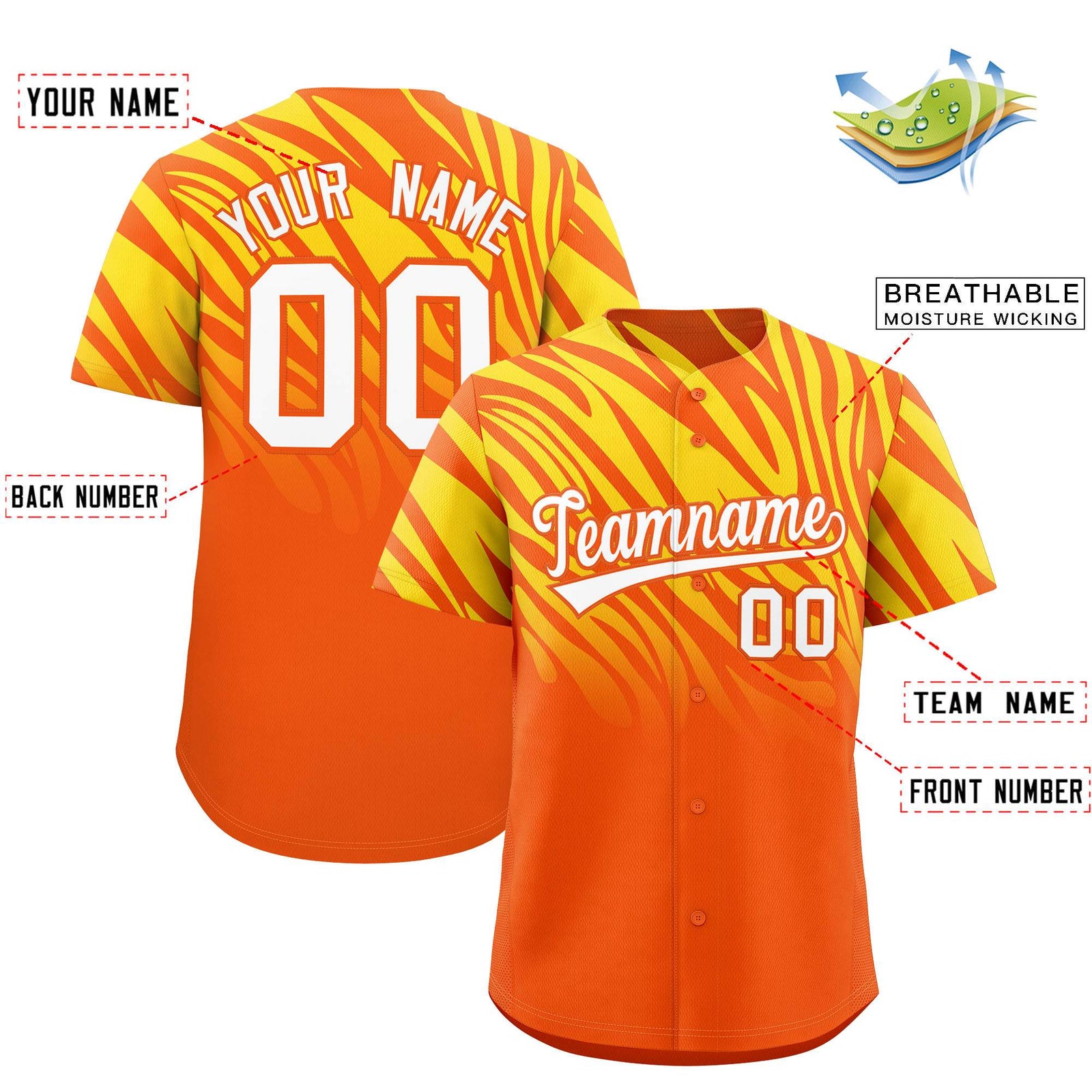 Custom Orange Gold Tiger Stripe Gradient Animal Print Personalized Team Shirt Baseball Jersey