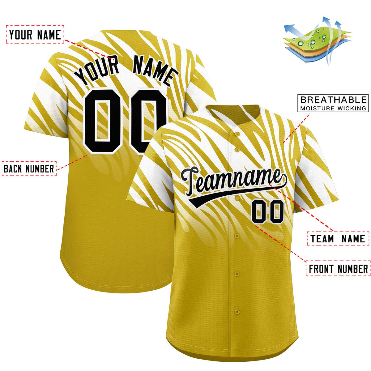 Custom White Old Gold Tiger Stripe Gradient Animal Print Personalized Team Shirt Baseball Jersey