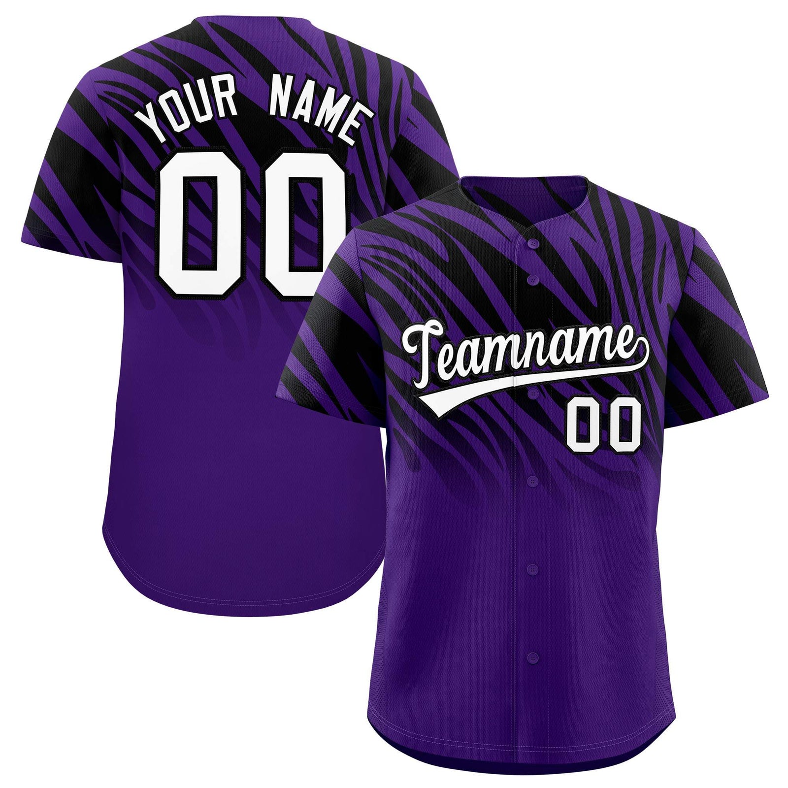 Custom Black Purple Tiger Stripe Gradient Animal Print Personalized Team Shirt Baseball Jersey