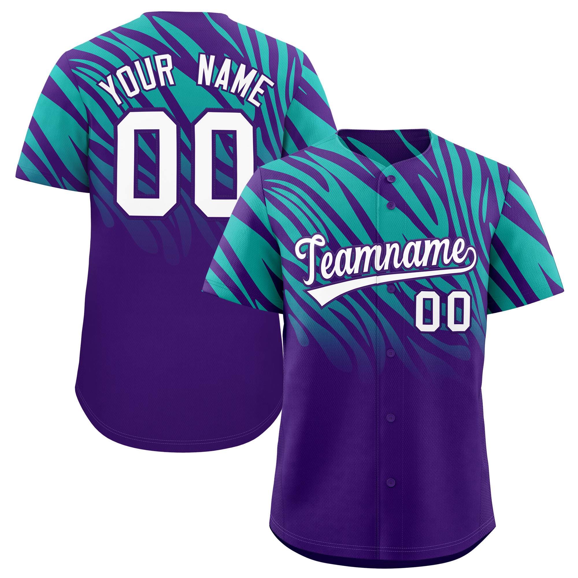 Custom Purple Aqua Tiger Stripe Gradient Animal Print Personalized Team Shirt Baseball Jersey