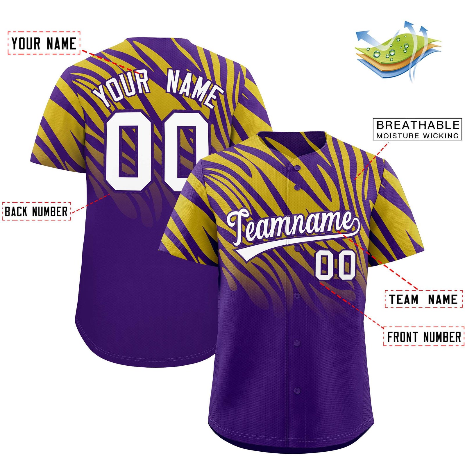 Custom Purple Old Gold Tiger Stripe Gradient Animal Print Personalized Team Shirt Baseball Jersey