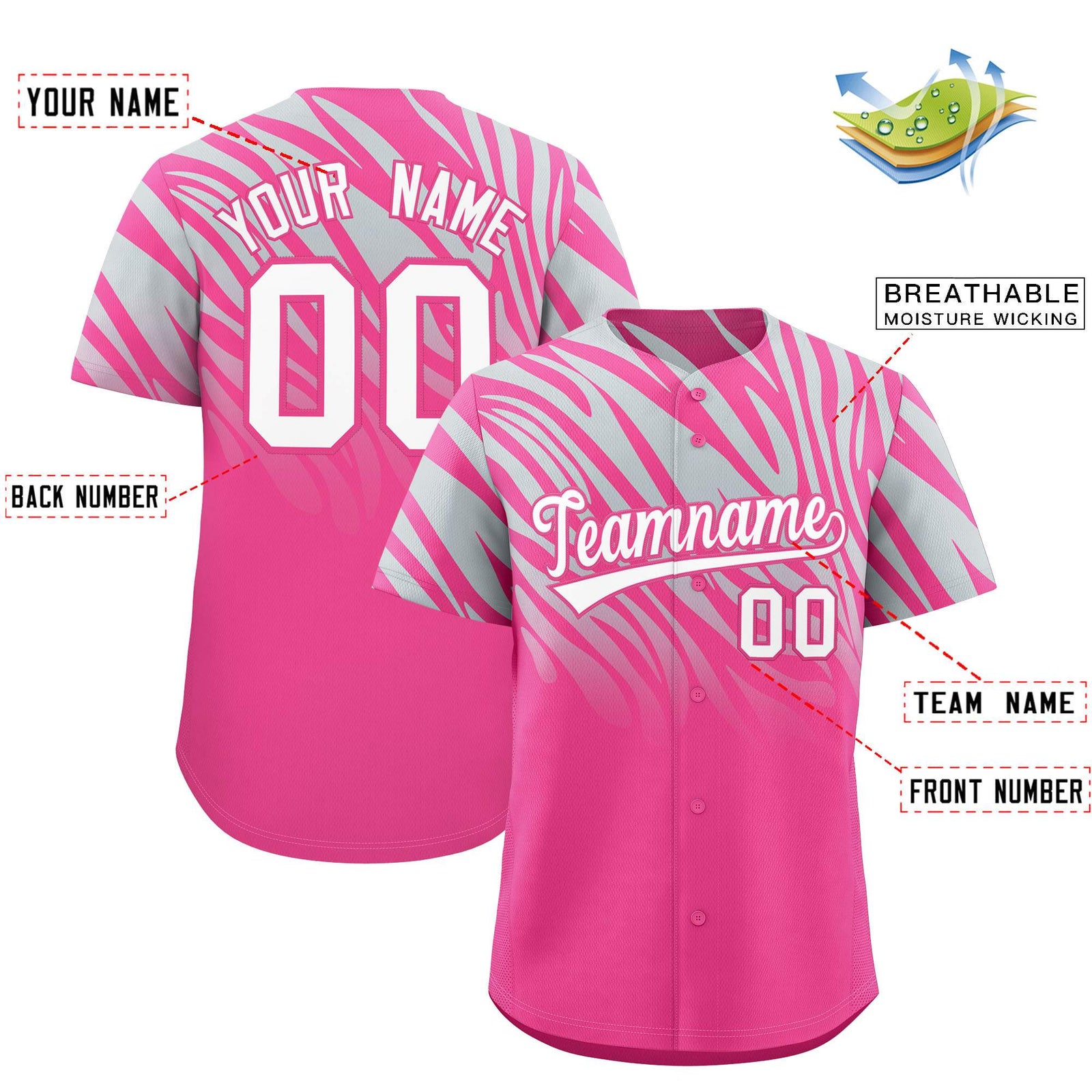 Custom Pink Silver Tiger Stripe Gradient Animal Print Personalized Team Shirt Baseball Jersey