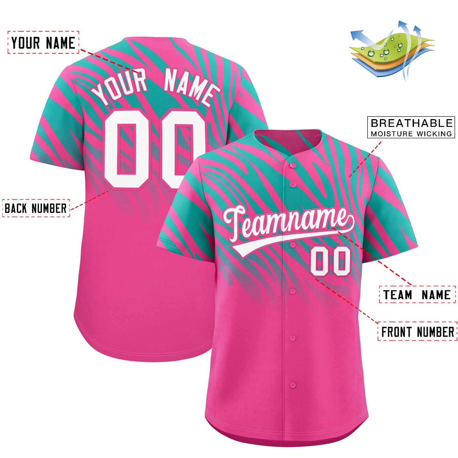 Custom Pink Aqua Tiger Stripe Gradient Animal Print Personalized Team Shirt Baseball Jersey