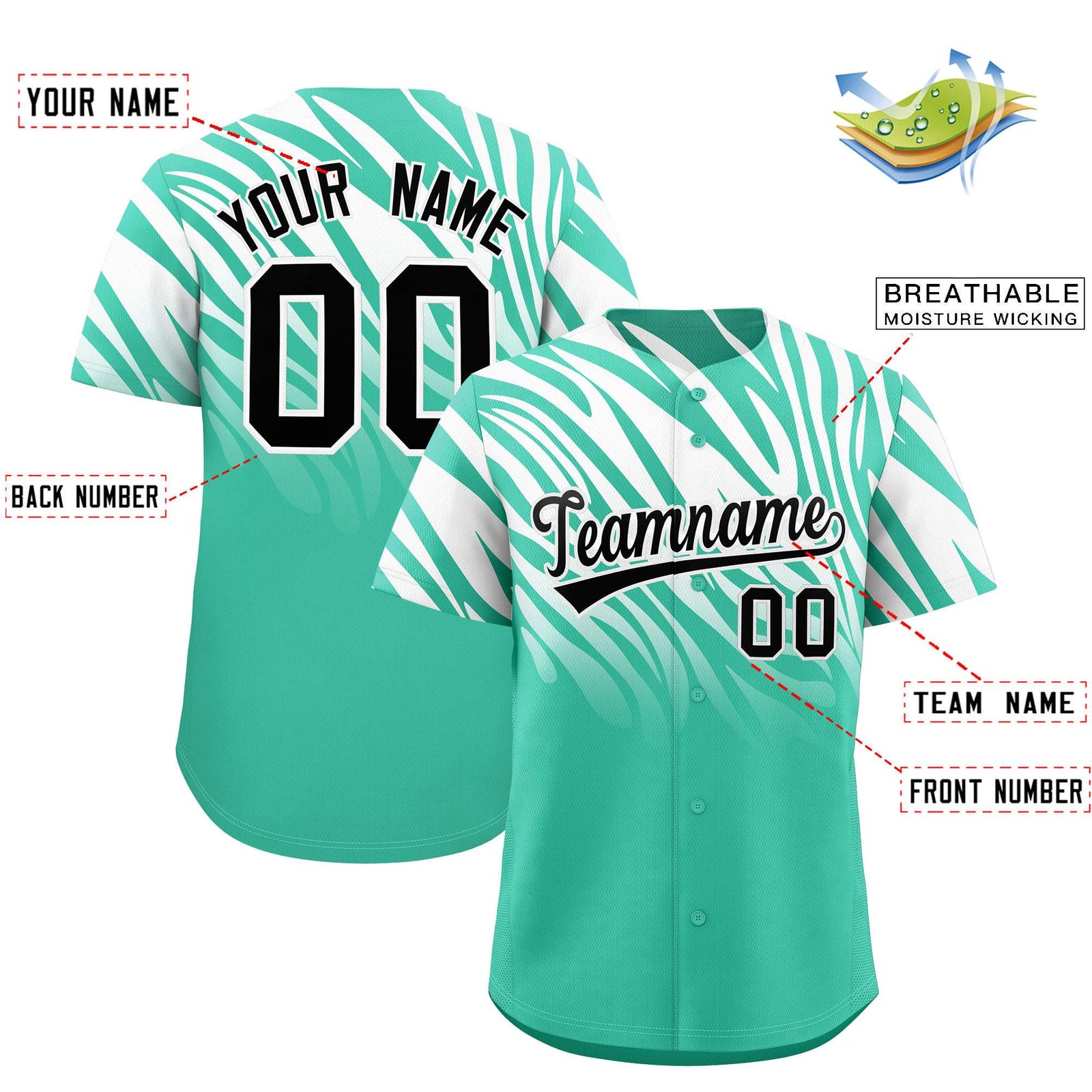 Custom Bright Green White Tiger Stripe Gradient Animal Print Personalized Team Shirt Baseball Jersey