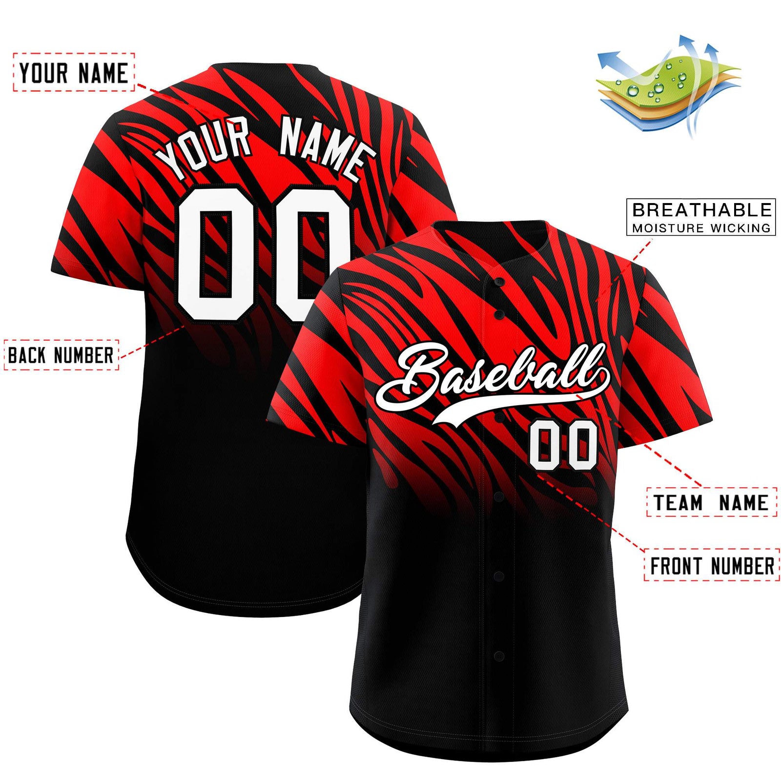 Custom Red Black Tiger Stripe Gradient Animal Print Personalized Team Shirt Baseball Jersey