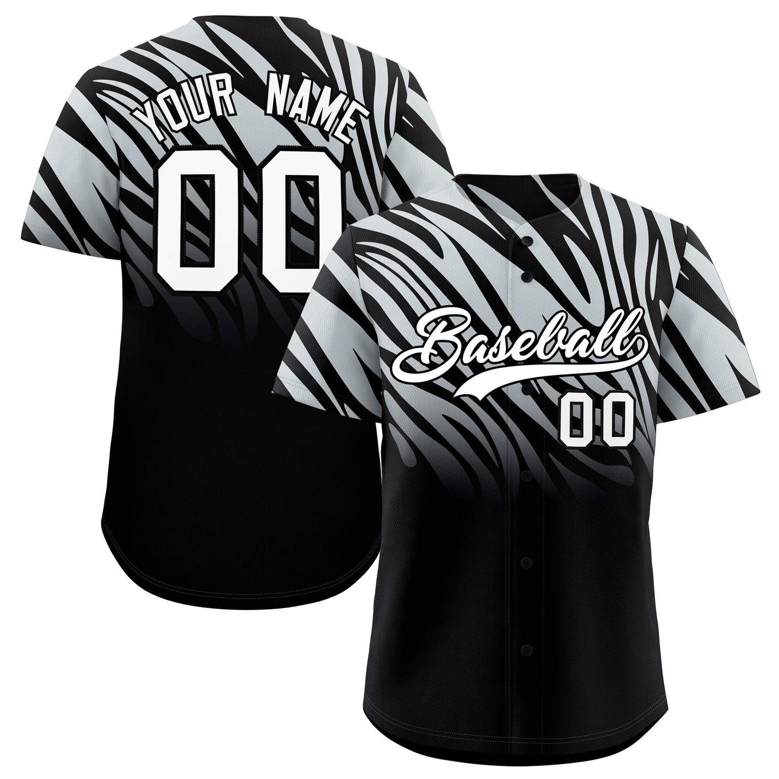 Custom Silver Black Tiger Stripe Gradient Animal Print Personalized Team Shirt Baseball Jersey